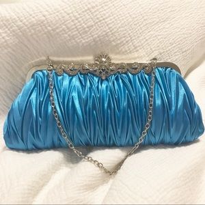 Evening Clutch Satin Aqua Blue Rhinestone Bag NWT